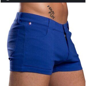 Andrew Christian Mens Navy Textured Mesh Shorts W/ White Braided Trim Size 30 Po